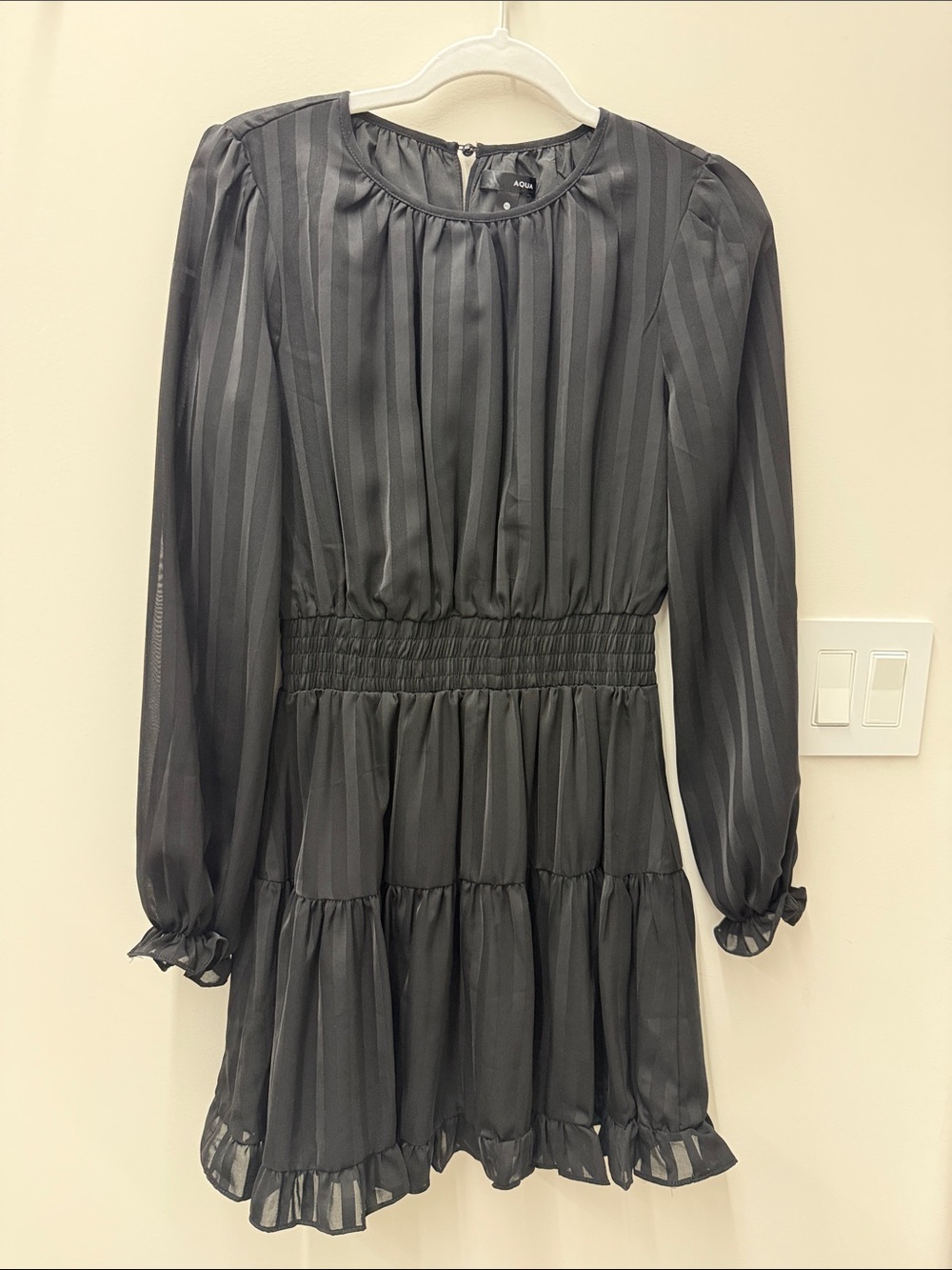 Aqua Black Satin-Stripe Tiered Long-Sleeve Dress